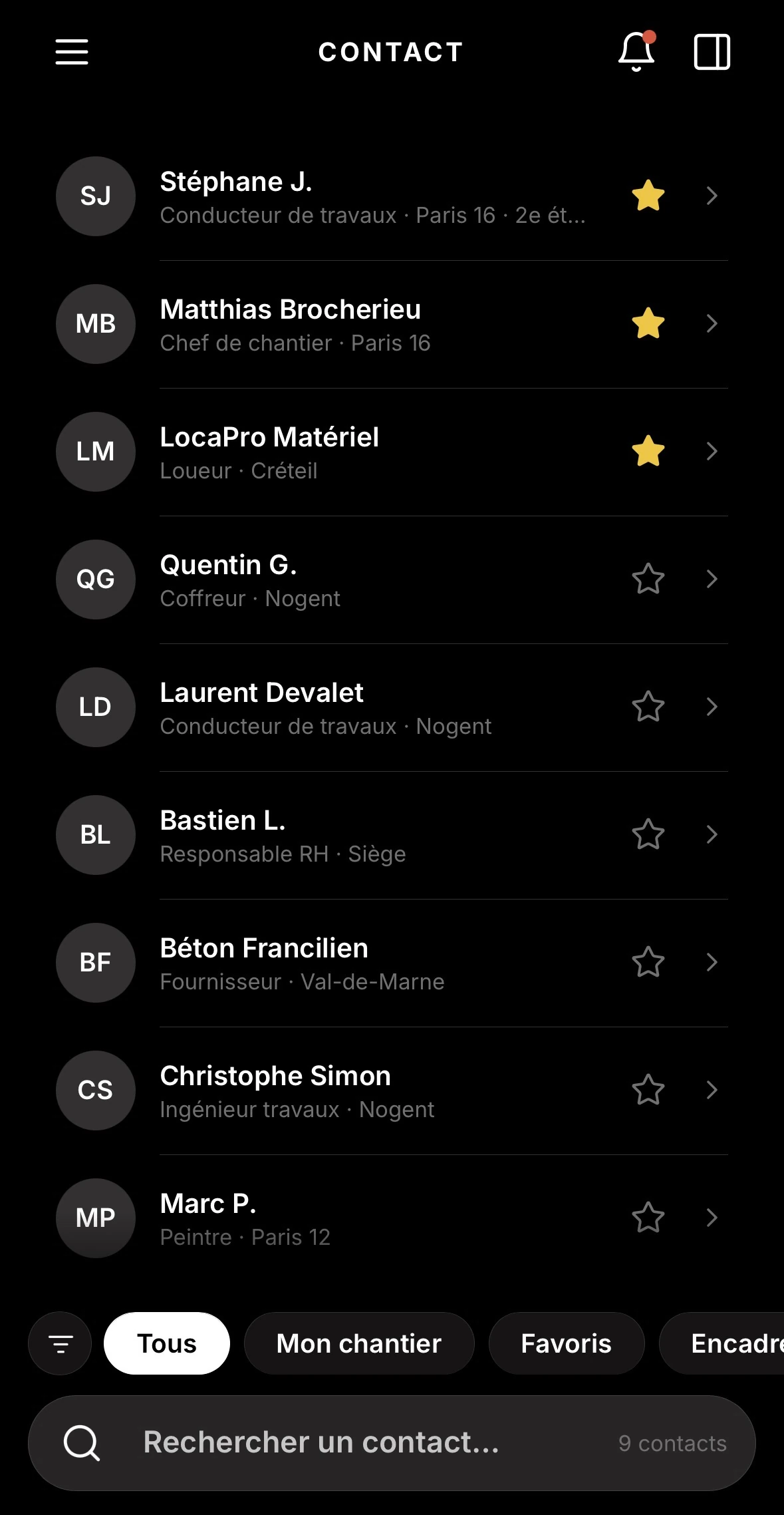 Capture de l'application OBRIX au téléphone : les contacts de l'équipe et des partenaires