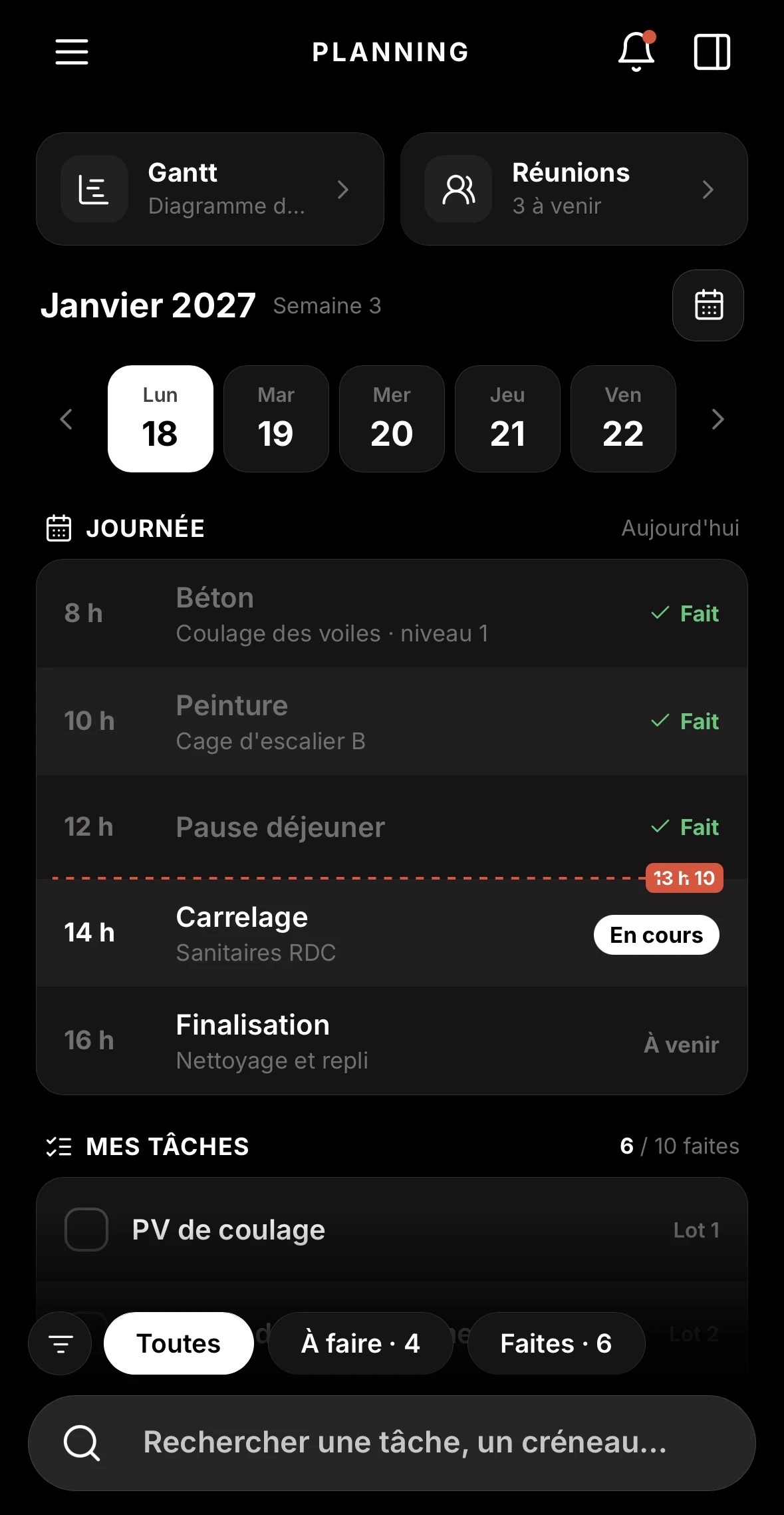 Planning de chantier dans OBRIX : la journée heure par heure