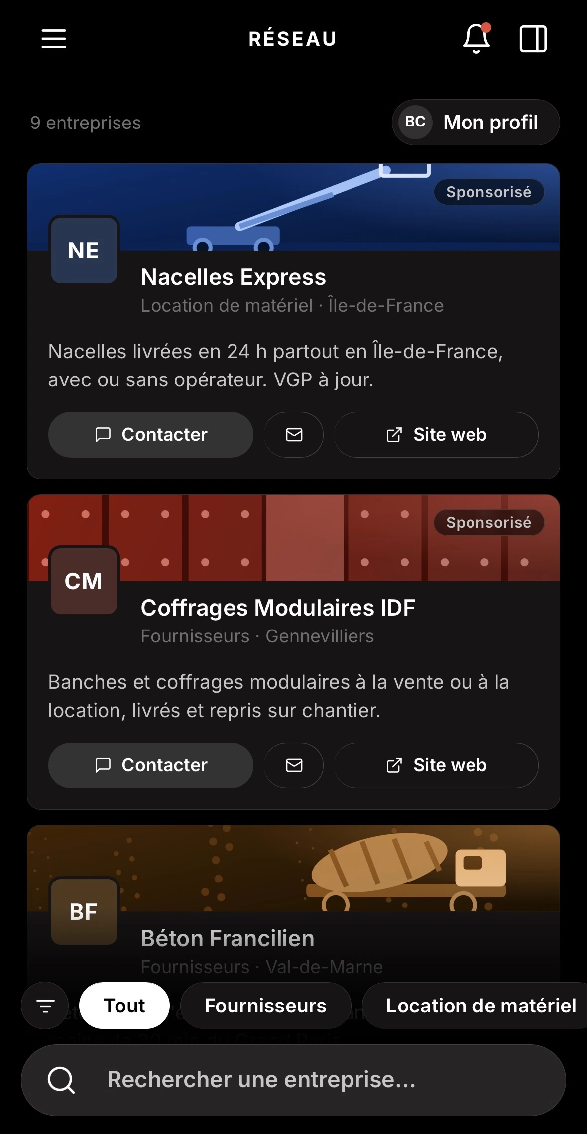 Capture de l'application OBRIX au téléphone : les loueurs et fournisseurs du Réseau